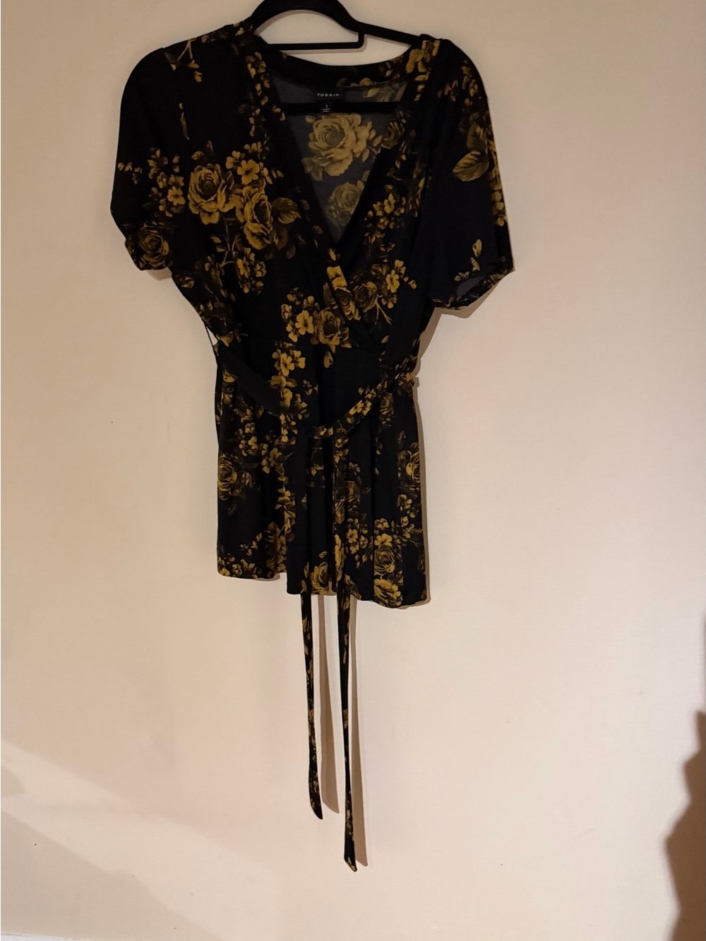 torrid Black Floral Wrap Blouse with Mustard Roses
